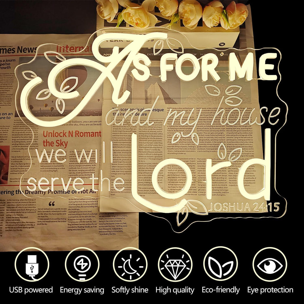 Illuminate Your Faith: "As for Me and My House We Will Serve the Lord" Neon Wall Sign - Dimmable LED Christian Art for Home Decor and Perfect Gift for Believers